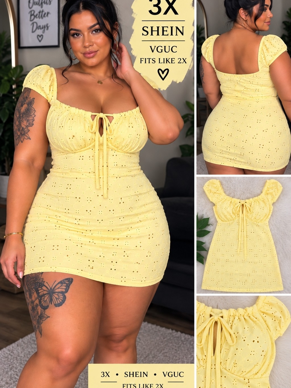 SHEIN Yellow Eyelet Tie-Front Mini Dress